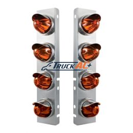 SS Front Air Cleaner Bracket With 8X Glass Watermelon Lights & SS Visors For Peterbilt-Dark Amber Lens - United Pacific 30984