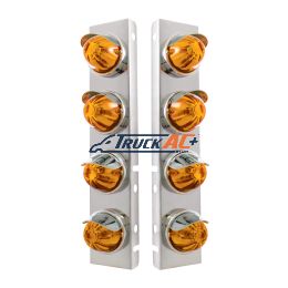 SS Front Air Cleaner Bracket With 8X Glass Watermelon Lights & SS Visors For Peterbilt -Amber Lens - United Pacific 30986