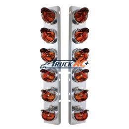 SS Front Air Cleaner Bracket With 12X Glass Watermelon Lights & SS Visors For Peterbilt-Dark Amber Lens - United Pacific 30997