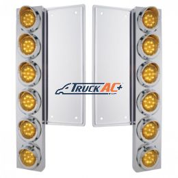 FL SS Front Air Cleaner Bracket W/12X 9 LED 2" Lights & Visors -Amber LED & Lens (Pair) - United Pacific 33055