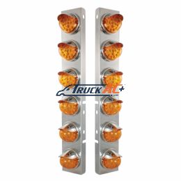 SS Front Air Cleaner Bracket With 12X 17 Amber LED Reflector Lights & SS Visors For Peterbilt-Amber Lens - United Pacific 39838
