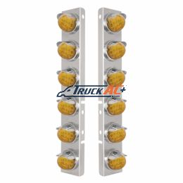 SS Front Air Cleaner Bracket With 12X 17 Amber LED Reflector Watermelon Lights & SS Visors For Peterbilt-Amber Lens - United Pacific 39840