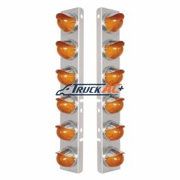 SS Front Air Cleaner Bracket W/12X 17 Amber LED Beehive Lights & SS Visors For Peterbilt-Amber LED & Lens - United Pacific 39842