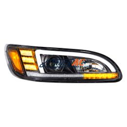 Black Projection Headlight With LED Sequential Turn & DRL For 2005-2015 Peterbilt 386- Passenger - United Pacific 35768