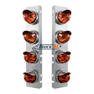 SS Front Air Cleaner Bracket With 8X Glass Watermelon Lights & SS Visors For Peterbilt-Dark Amber Lens - United Pacific 30984