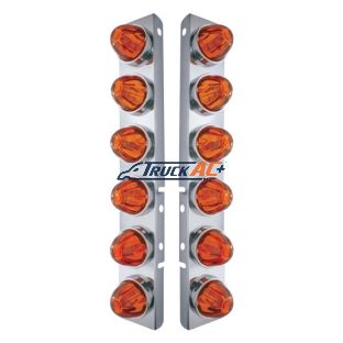 SS Front Air Cleaner Bracket With 12X Glass Watermelon Lights & SS Bezels For Peterbilt-Dark Amber Lens - United Pacific 30996