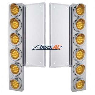 FL SS Front Air Cleaner Bracket W/12X 9 LED 2" Lights & Visors -Amber LED & Lens (Pair) - United Pacific 33055