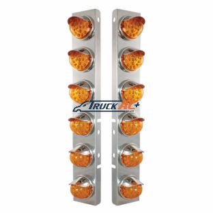 SS Front Air Cleaner Bracket With 12X 17 Amber LED Reflector Lights & SS Visors For Peterbilt-Amber Lens - United Pacific 39838