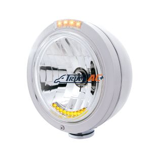Stainless Steel Bullet Classic Headlight H4 With 10 Amber LED & Dual Mode LED Signal - Clear Lens - United Pacific 32092