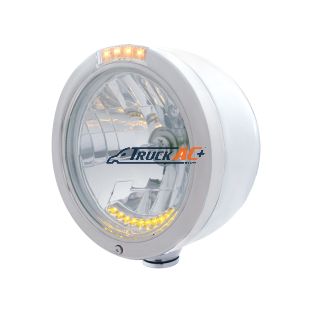 Stainless Steel Bullet Half Moon Headlight H4 With 10 Amber LED & Dual Mode LED Signal-Clear Lens - United Pacific 32096