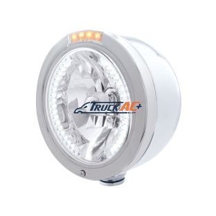 Stainless Steel Bullet Half Moon Headlight H4 With White LED & Signal - Clear Lens - United Pacific 32453