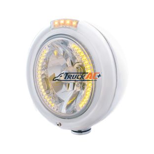 Stainless Steel Classic Headlight H4 With 34 Amber LED & Dual Mode LED Signal - Clear Lens - United Pacific 32471