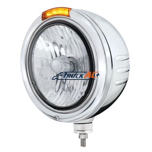 Stainless Steel Bullet Embossed Stripe Headlight Crystal H4 & Dual Mode LED Signal-Amber Lens - United Pacific 32758