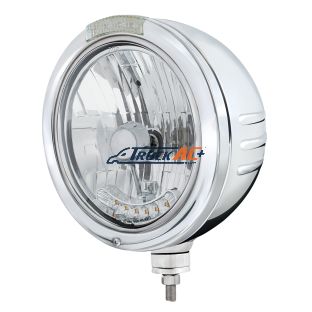 SS Bullet Embossed Stripe Headlight Housing & H4 With 6 Amber LEDs & Dual Mode LED Signal -Clear Lens - United Pacific 32761