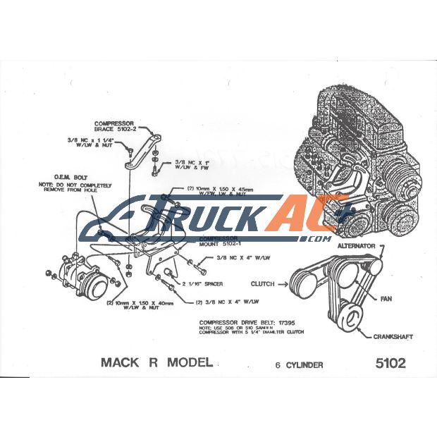 Mack R Model with 6 Cylinder Engine - Mount & Drive A/C Compressor Bracket Kit - Truck Air 51-9120, MEI 9120