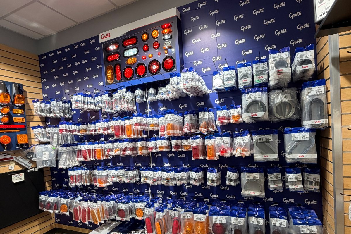 Grote lighting wall stocked with marker lamps, stop-tail-turn lights, and grommets
